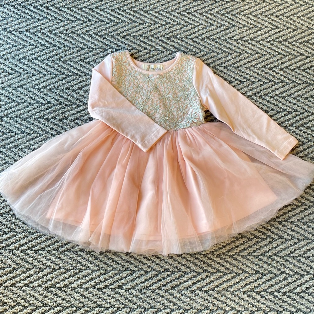 Little girls pink dress with gold lace flowers
